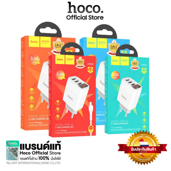 Hoco C93A ปลั๊กชาร์จ 3-พอร์ต หน้าจอดิจิตอล charger set(Type-C/ forϊ-Phonε/Micro)(EU) สีขาว