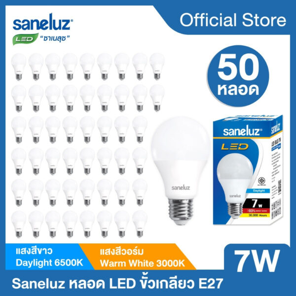 Saneluz 50 หลอด หลอดไฟ LED 7W Bulb แสงสีขาว แสงสีวอร์ม หลอดไฟแอลอีดี หลอดปิงปอง ขั้วเกลียว E27 หลอกไฟ ใช้ไฟบ้าน 220V led