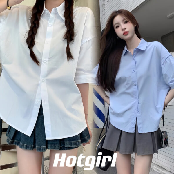 Hotgirl  พร้อมส่งจากกทม ✨เสื้อเชิ้ตแขนสั้นสีขาวสำหรับผู้หญิง แฟชั่นเสื้อเชิ้ตย้อนยุคเรียบง่าย