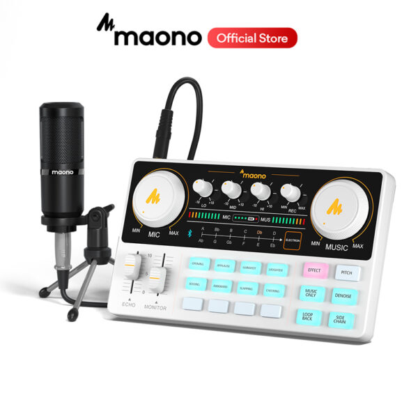 Maono AM200-S1 ชุดการ์ดเสียง สีขาว อุปกรณ์พอดคาสต์ MaonoCaster Lite เครื่องผสมเสียงอินเตอร์เฟซ พร้อมไมโครโฟนคอนเดนเซอร์ 3.5 มม. สําหรับคอมพิวเตอร์ สมาร์ทโฟน กีตาร์ สตรีมมิ่ง บันทึก