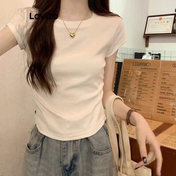 Lovito เสื้อยืดจีบย่น สีพื้น สไตล์ลำลอง สำหรับผู้หญิง LNA21010 (สีขาว)