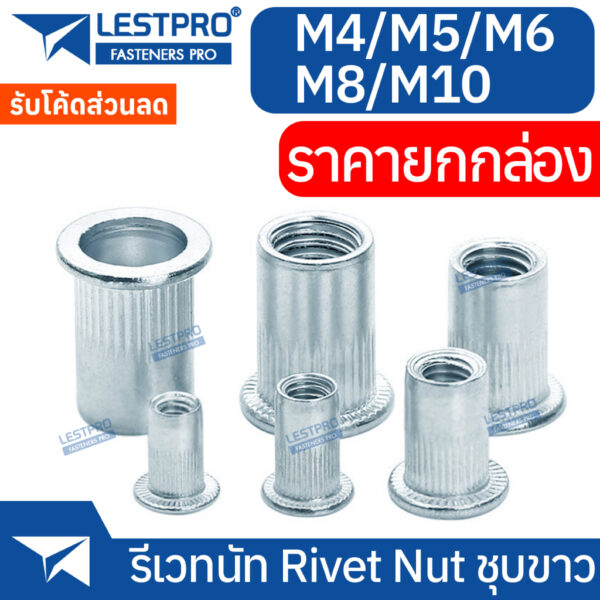 ราคายกกล่อง รีเวทนัท ชุบซิงค์ขาว หัวน็อตรีเวท M3 M4 M5 M6 M8 M10 M12 Rivet Nut White Zinc