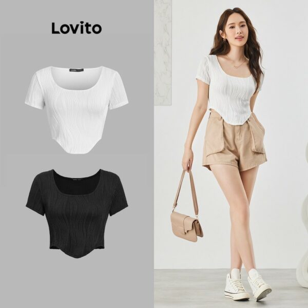 Lovito เสื้อยืด คอเหลี่ยม สีพื้น สไตล์ Y2K สำหรับผู้หญิง L47AD002 (สีขาว)