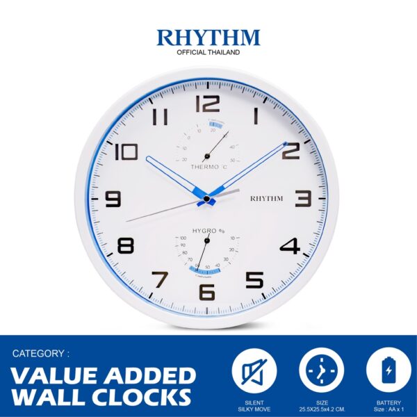 นาฬิกาแขวน RHYTHM เข็มเดินเงียบ สีขาวฟ้า มีเข็มเทอร์โมมิเตอร์ ขนาดเส้นผ่านศูนย์กลาง 26 ซม.