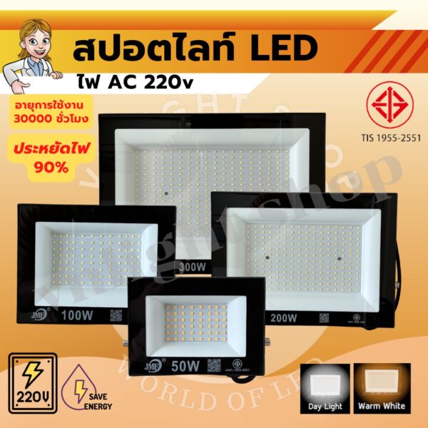 ๋JMF สปอตไลท์ led 20w 50w 100w 220v ฟลัดไลท์ Floodlight spotlight แสงสีขาว/แสงสีวอร์ม ใช้ไฟบ้าน 220V IP65 กันน้ำ