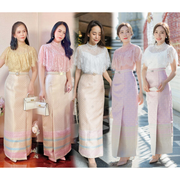 ชุดไทยประยุกต์  ใส่ทำบุญ สีขาว/สีชมพู/สีทอง/สีครีม✨S-XXL