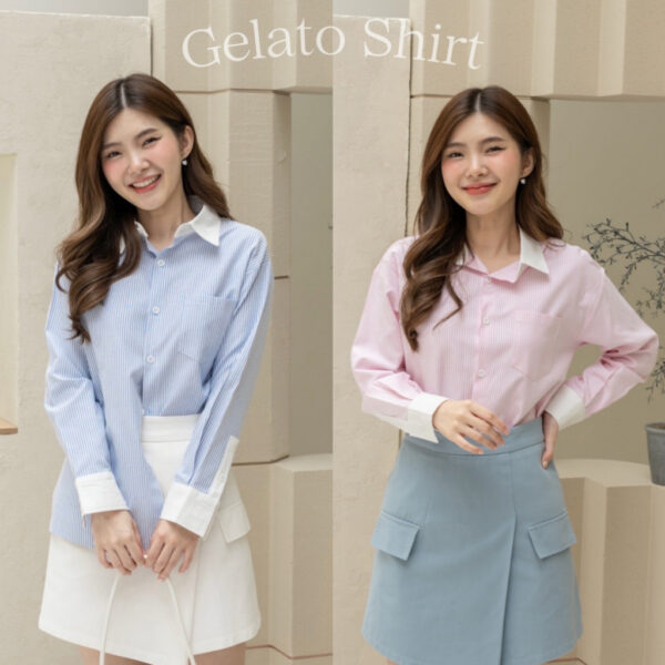 Onceandtwice | Gelato Shirt  เสื้อเชิ้ตแขนยาว เสื้อเชิ้ตลายทาง สลับปกสีขาว ทรงสวยเกาหลีเกาใจ มี 2 สี