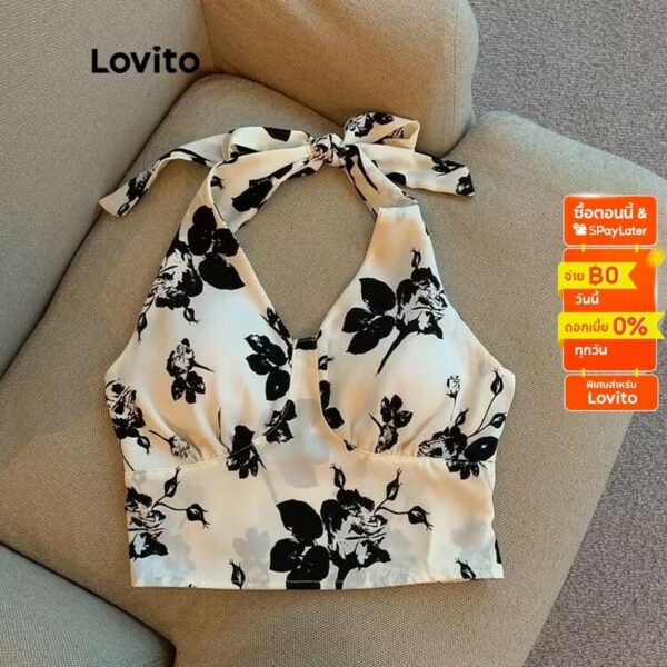 Lovito เสื้อแขนกุด แต่งสม็อค ลายดอกไม้ สไตล์ลำลอง สำหรับผู้หญิง LNA11057 (สีขาว)