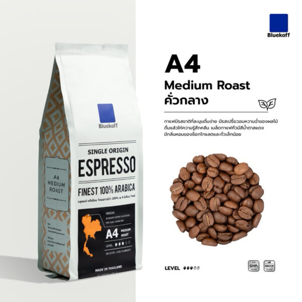 Bluekoff A4 ถุงสีขาว เมล็ดกาแฟไทย อราบิก้า 100% เกรด A Medium Roast (คั่วกลาง) ขนาด 250 กรัม