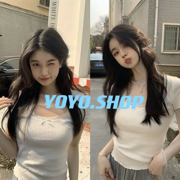 YOYO พร้อมส่ง 2024เสื้อยืดลูกไม้สีขาวฤดูใบไม้ผลิและฤดูร้อนใหม่เสื้อผู้หญิงน่ารัก