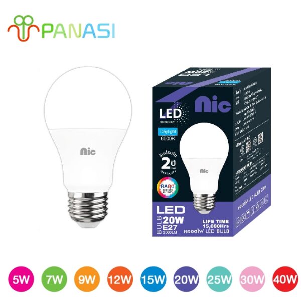 Panasi หลอดไฟ LED ทรงกลมแสงสีขาว E27 หลอดไฟ NIC 40W