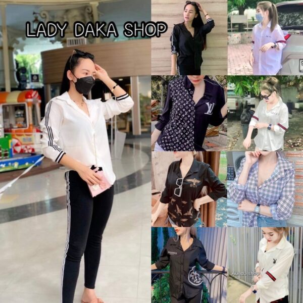 LADY DAKA SHOP  เสื้อเชิ้ตแขนยาวสีขาวแต่งแถบกับเลกกิ้งหนาแทบขาว2แถบ ใส่สบาย สวยๆ